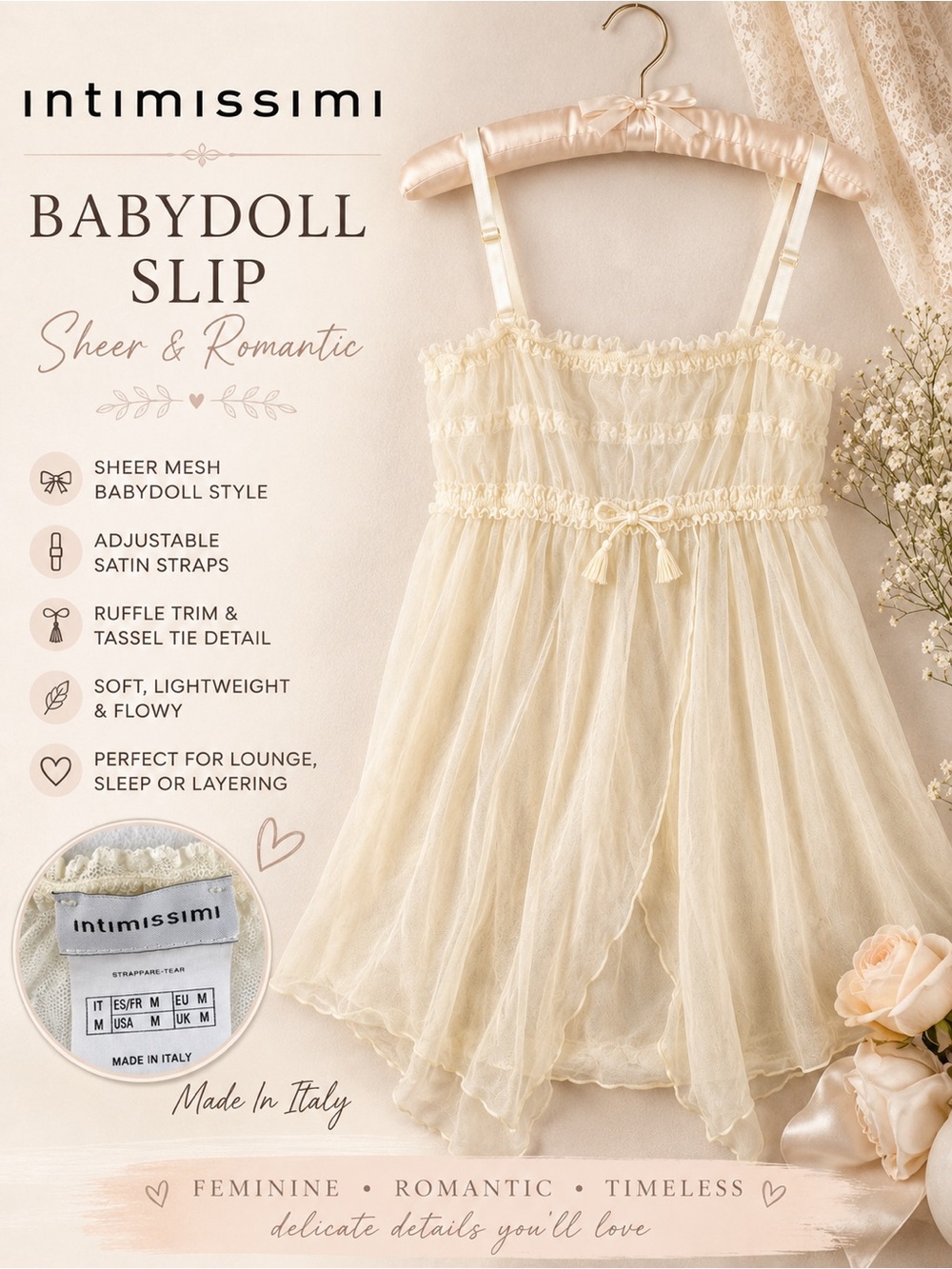 Intimissimi Ivory Sheer Mesh Babydoll Slip Chemise Size M